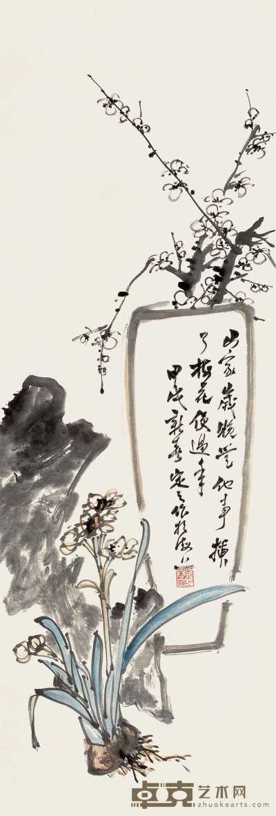 汤定之 甲戌（1934年）作 花卉 立轴 94.5×31.8cm
